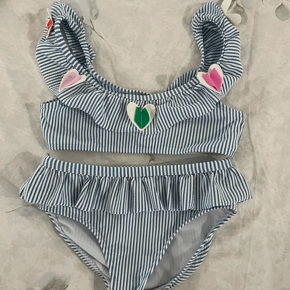 Seersucker bikini. Size 7/8. Mini Boden. With heart appliqués.